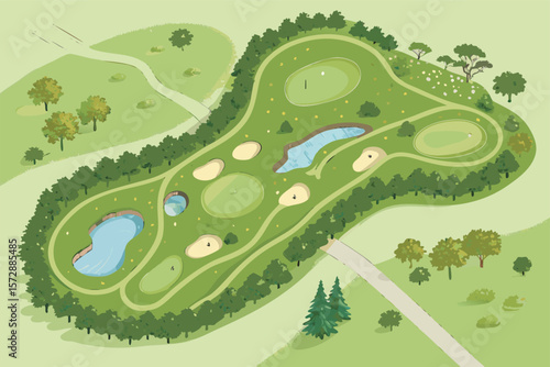 Overhead golf map vector illustration in a stylized, informative way.