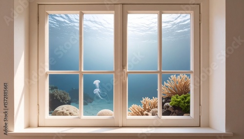 Stunning underwater view through a window revealing coral reefs and floating jellyfish. Experience the serene beauty of marine life from a unique perspective, perfect for tranquility and escape theme