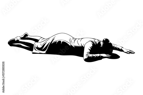 Minimalist black and white illustration of a woman lying face down in exhaustion