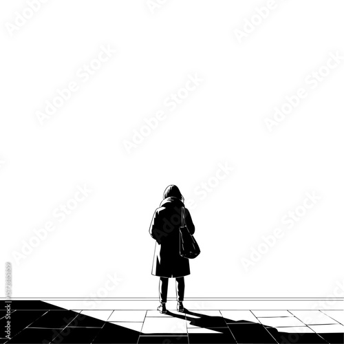 Minimalist black and white illustration of a woman waiting for