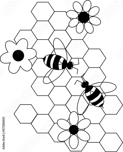 Honey set, honeycomb, bees and simple flowers composition. Vector graphic line illustration. Sweet composition with blooming flowers and working bees on honeycombs background