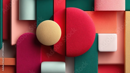 Vibrant geometric shapes in textured materials, featuring circles, rectangles, and bold colors arranged in a modern abstract pattern.