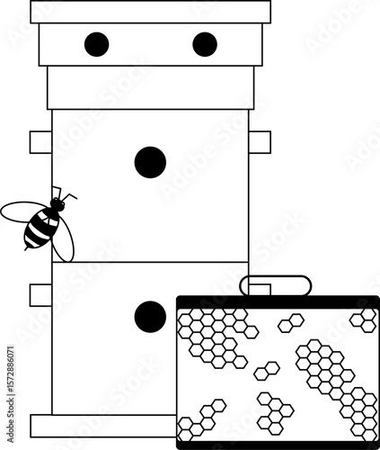 Honey Background with Honeycomb, Working Bee and honey house composition. Vector graphic line illustration. For poster, invitation, backdrop, ad, sale promotion, print for t-shirt