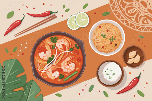 Vector overhead shot of Thai cuisine featuring Tom Yum soup.