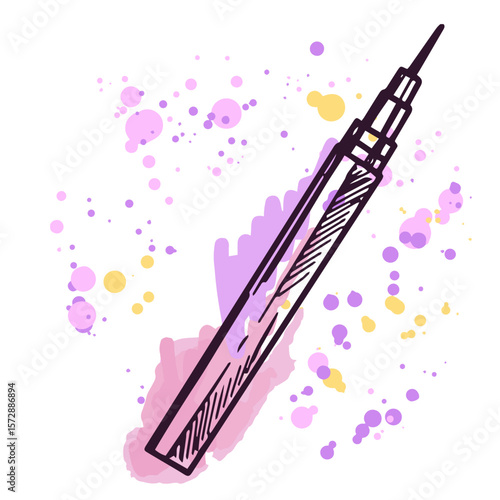 Hand-drawn liquid eyeliner on watercolor pastel background with splashes.⁠
