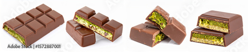 chocolate bar with pistachio paste inside, isolated on a white background
