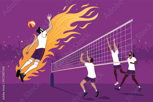 Vector player spiking a volleyball with a fiery trail.