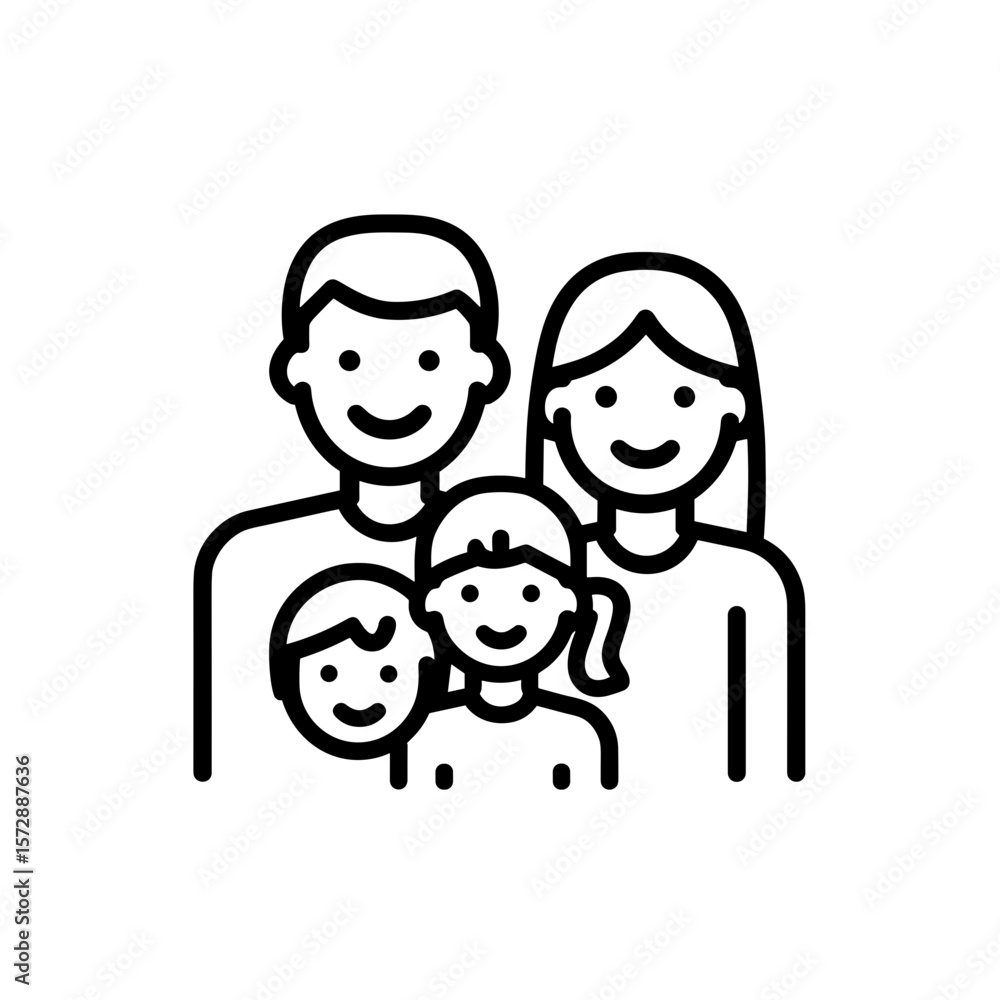 Family of four smiling together in a simple line art illustration Family of four smiling together in a simple line art illustration
