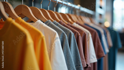 Wallpaper Mural Close-Up of Neatly Arranged Hanging T-Shirts on Metal Rack in Modern Store Torontodigital.ca