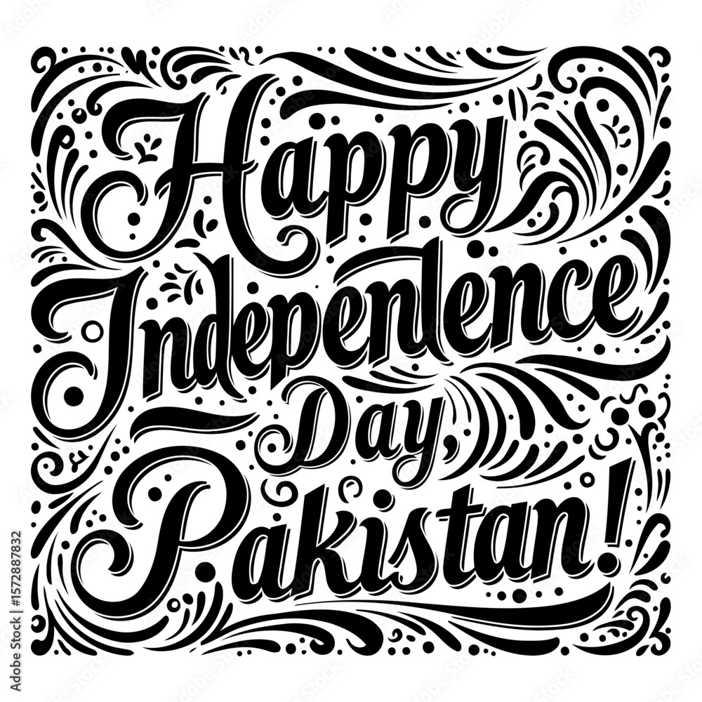 Obraz premium Happy Independence Day Pakistan celebratory graphic design for a national holiday. Bold, decorative typography with swirls and embellishments.