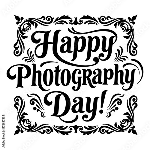 Happy Photography Day graphic design for website banner/social media post. Ornate, elegant text display with decorative borders on white background.