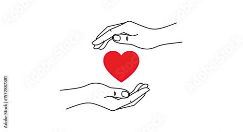 Red Heart Symbol Held by Minimalist Black Line Hands on White Background
