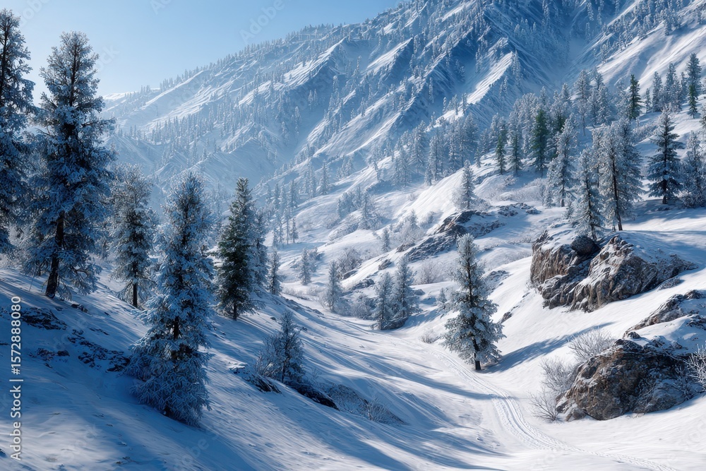 Obraz premium Snowy mountain landscape with evergreen trees and bright blue sky during winter season