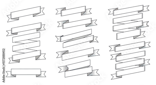 Set of Vintage Hand Drawn Black and White Ribbon Banners in Different Styles

