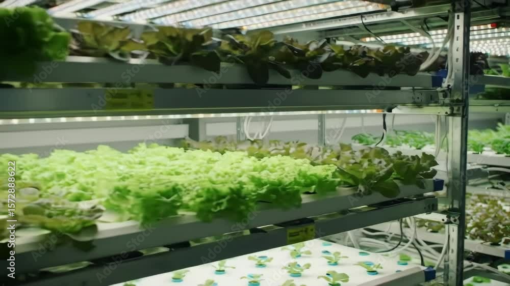 Indoor farm rows lush with lettuce growing vertically in a controlled environment Indoor farm rows lush with lettuce growing vertically in a controlled environment