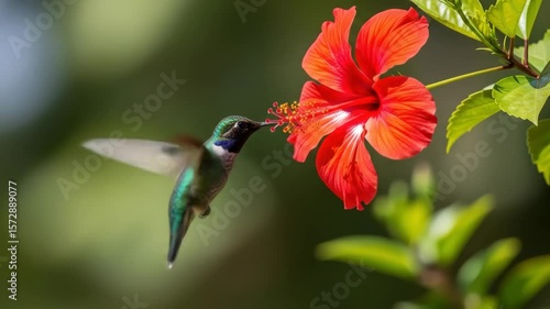 Hummingbird feeding on a vibrant red Hibiscus flower in natural sunlight. Bird drinking nectar in green garden setting, enjoying beauty of nature.