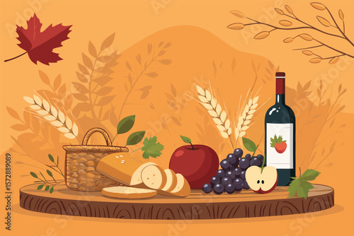 Rustic table laden with abundant harvest fruits and bread.