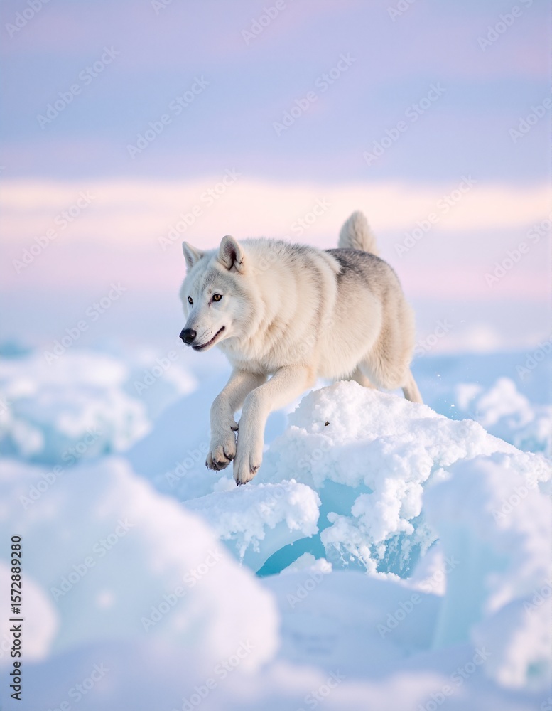 Naklejka premium A fluffy white dog joyfully bounds through a snowy landscape, its fur glistening in the sunlight, leaving paw prints in the fresh, powdery snow.