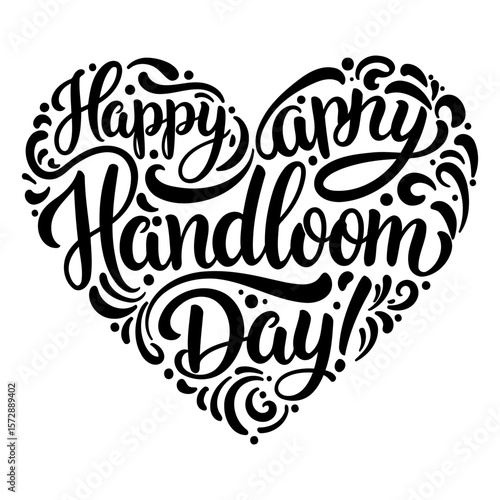 Happy Handloom Day heart-shaped design in black and white. Graphic design element with decorative flourishes in a heart shape.