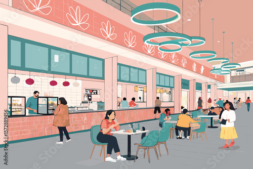 Vector illustration of a bustling shopping mall food court.