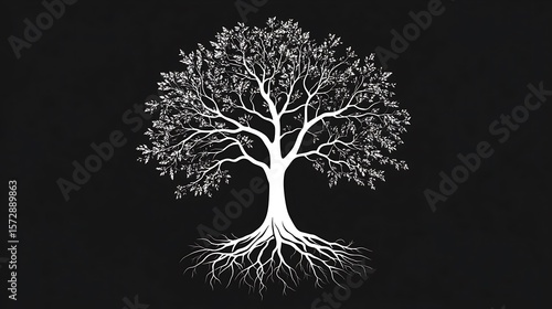 White tree of life with roots on black background

