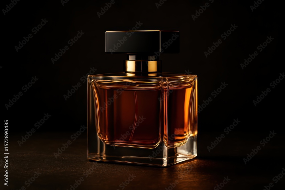 Square glass perfume bottle with amber liquid in dark studio lighting Square glass perfume bottle with amber liquid in dark studio lighting