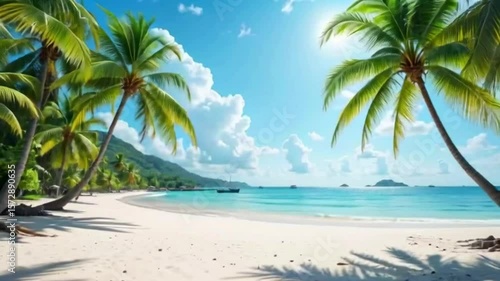 Tropical beach scene with palm trees white sand and turquoise water