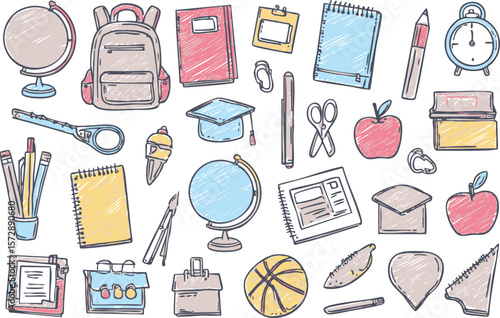 Colorful vector illustration set of hand-drawn school supplies. Includes backpack, globe, books, pencils, ruler, alarm clock, graduation cap, apple and other educational elements