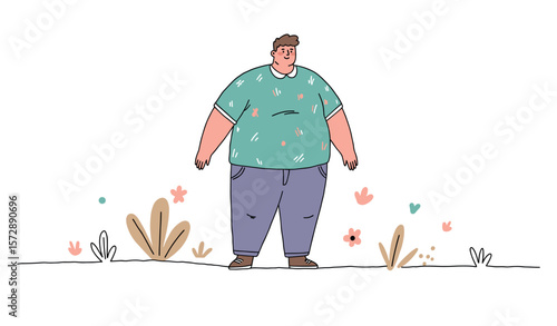 Plus-size man standing confidently among stylish plants in a colorful environment