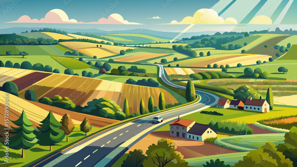 Fototapeta premium Very beautiful Aerial flight above rural road and fields in the English countryside