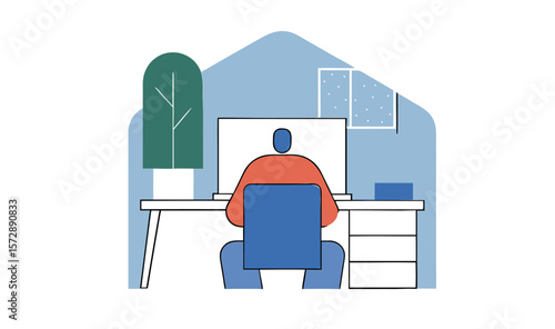 Person Working From Home at a Desk with Computer in a Cozy Home Office Setting