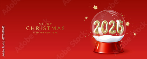 Christmas and New Year greeting card with snow globe with numbers 2026
