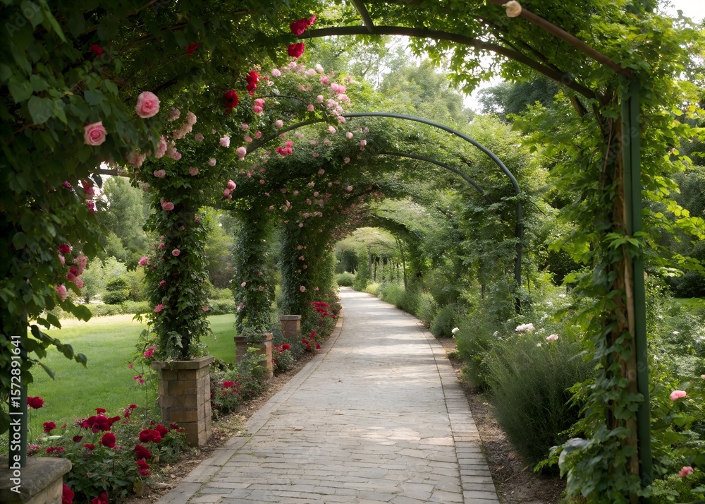 Romantic Garden Pathway with Blooming Roses Under Metal Arches Romantic Garden Pathway with Blooming Roses Under Metal Arches