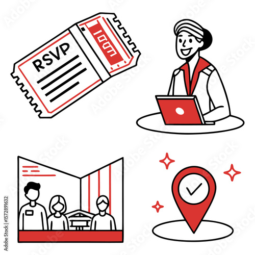 A collection of four simple line art icons depicting event planning elements including an rsvp ticket a person working on a laptop a group of people at an event and a location pin with a checkmark