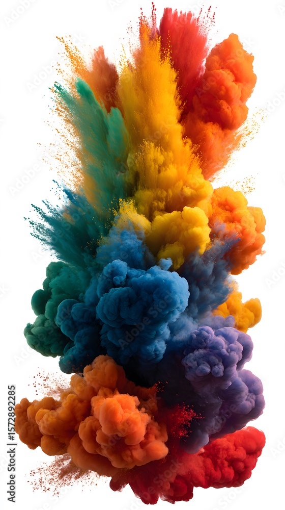 Obraz premium Dynamic colorful powder cloud in rainbow palette, floating particles, isolated