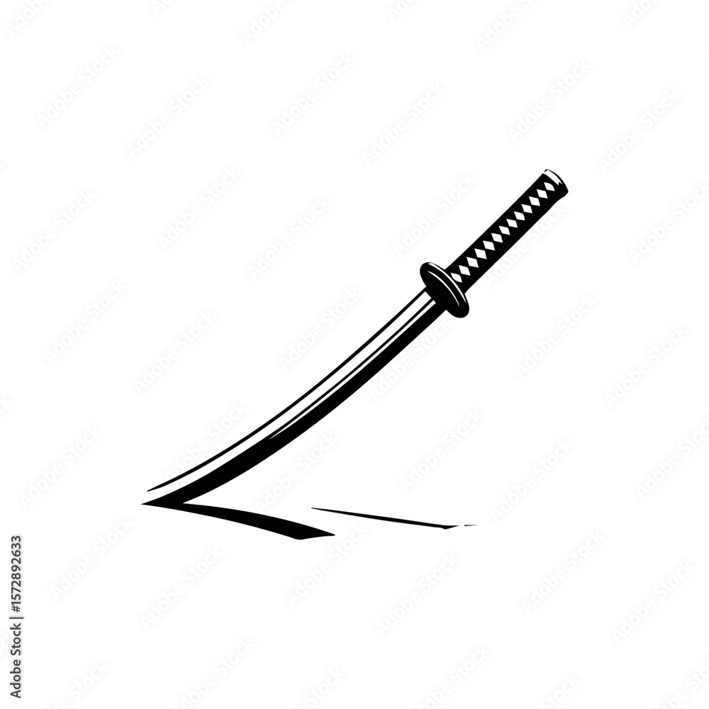 Fototapeta premium A stylized black and white illustration of a curved Japanese katana sword.