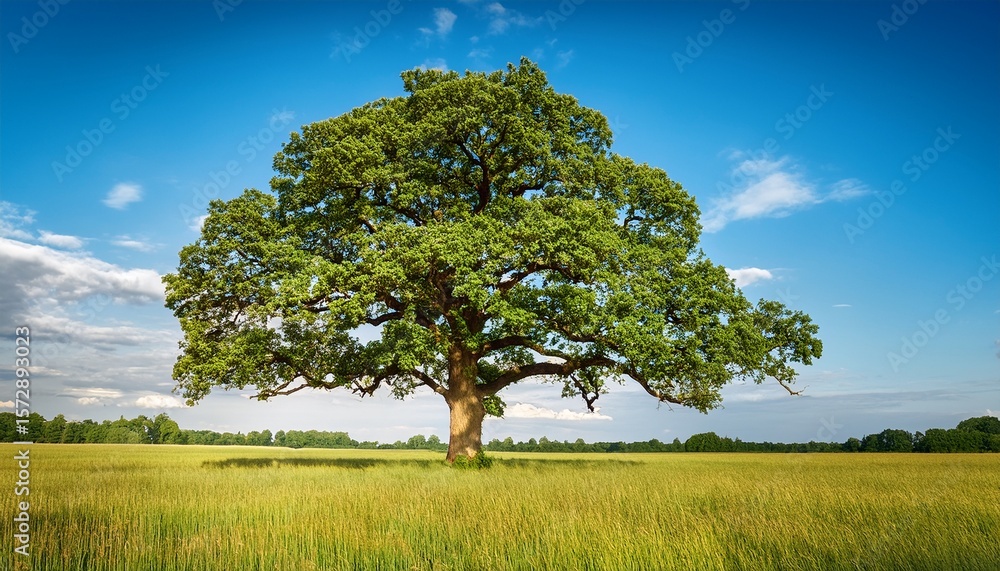 single big oak tree in field with perfect treetop single big oak tree in field with perfect treetop