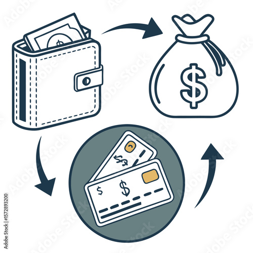 Financial transaction flow illustration showing money moving from a wallet to a money bag and then to credit cards in a circular diagram representing financial exchange and digital payments