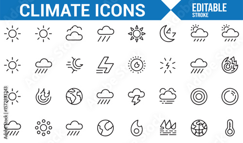 Icons of Weather Elements for Climate, Temperature, and Wind Conditions