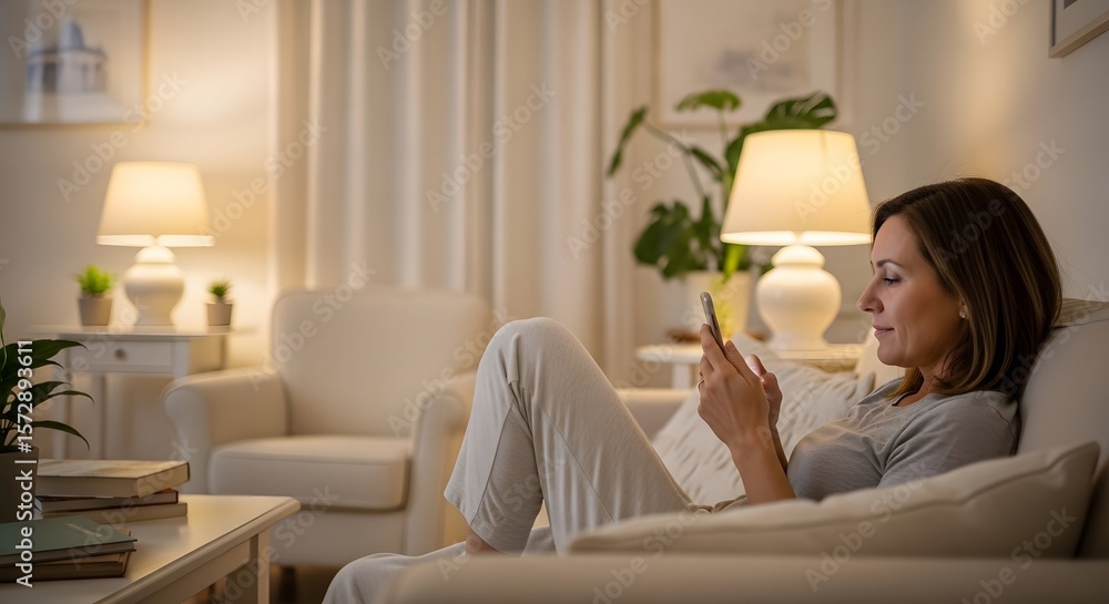 A woman relaxes on a sofa in a warmly lit living room, using her smartphone. A woman relaxes on a sofa in a warmly lit living room, using her smartphone.