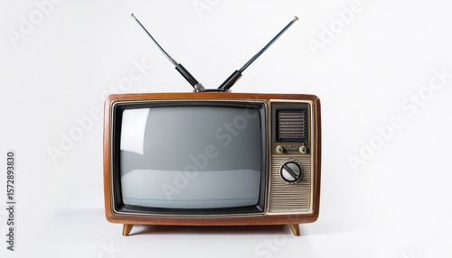 vintage tv with antennas on white background