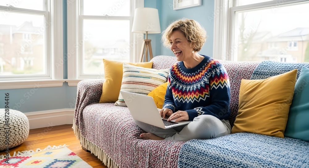 Obraz premium Woman smiles while using a laptop on a sofa in a bright, cozy living room.