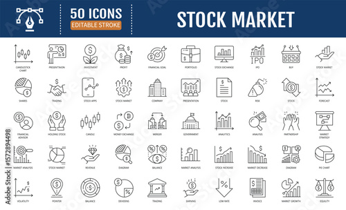 Stock Market Icon Set. Includes stocks,stock exchange, financial goal, shares,investment, bull market, bear market, investment,and more. Vector Illustration with EditableStrokes