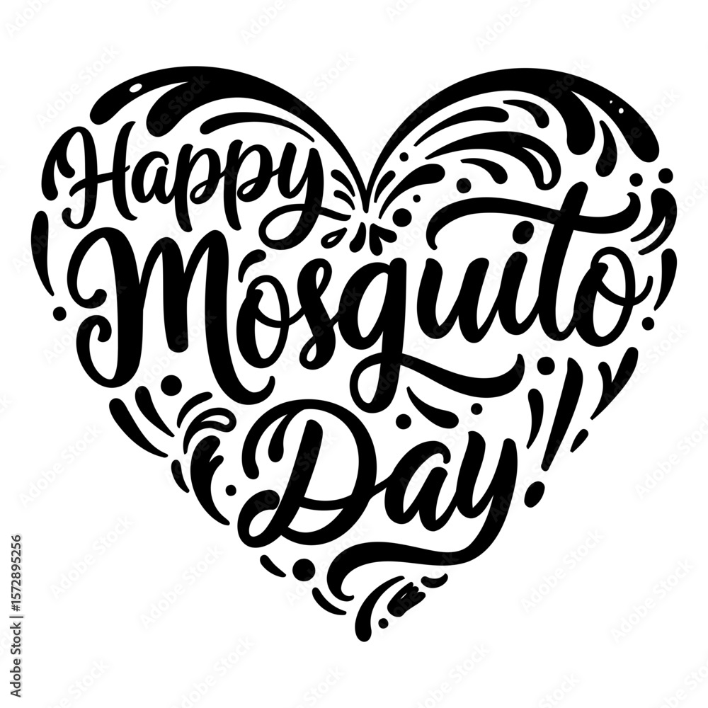 Fototapeta premium Happy Mosquito Day heart-shaped graphic design. Decorative lettering with abstract elements in a heart shape. Generic design for print or digital media use.. Various. -