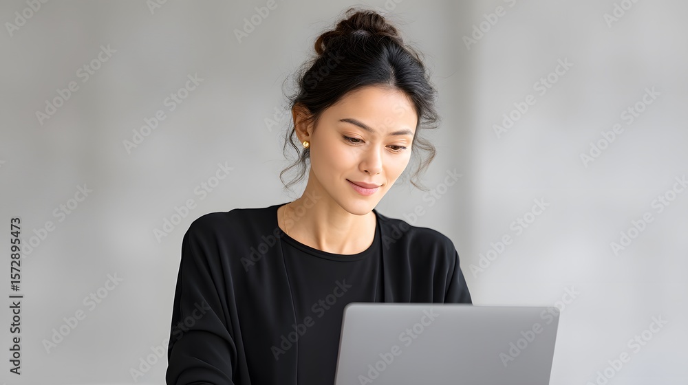 Asian businesswoman working with dual-screen laptop in clean office Asian businesswoman working with dual-screen laptop in clean office