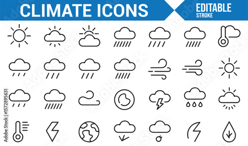 Climate and Weather Icons for Sun, Rain, Thunderstorm, and Wind Patterns