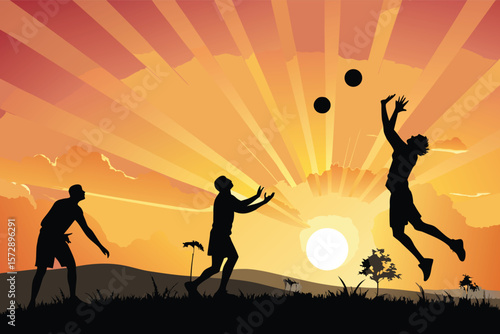 Vector silhouettes of volleyball players on a vibrant background.