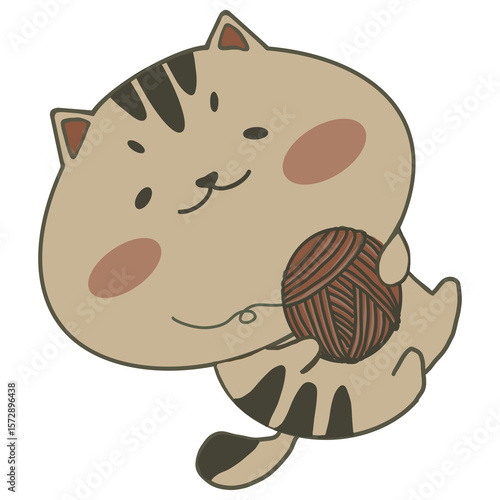 Brown fat cat cartoon with a ball of yarn. 
Cat cartoon illustration isolated on transparent background.