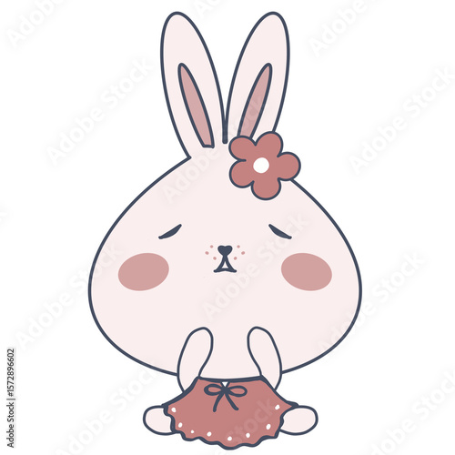 Illustration of a pink bunny with little flower cartoon. 
Cute big head rabbit cartoon illustration isolated on transparent background.