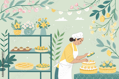 Spring bakery vector with floral shelves.